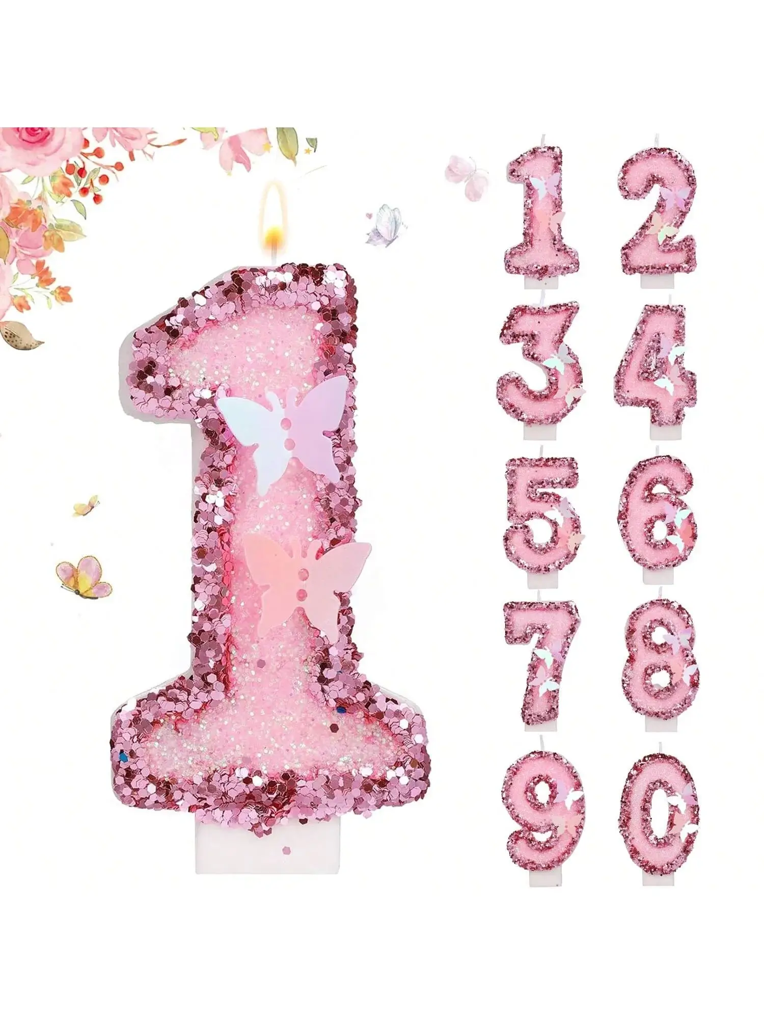 Birthday Number Candles, Pink Butterfly Sequin Hap