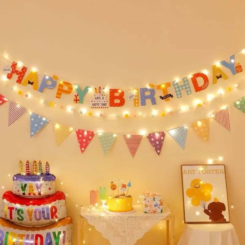 Happy Birthday Banner Set Colorful Paper Hanging F