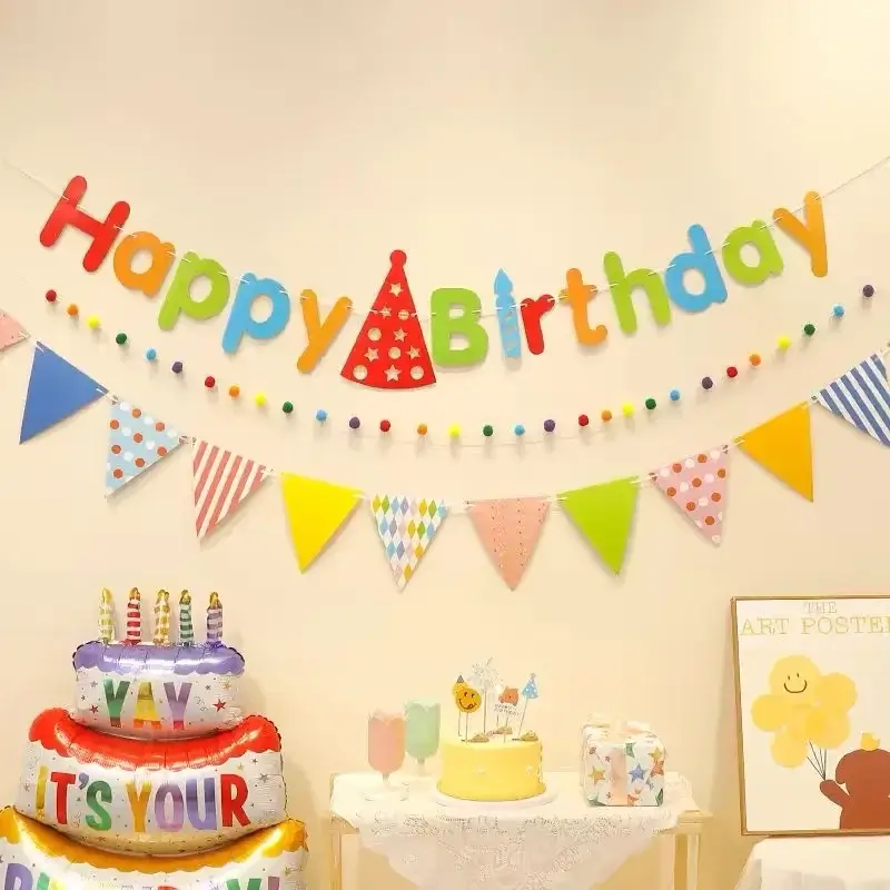 Happy Birthday Banner Set Colorful Paper Hanging F