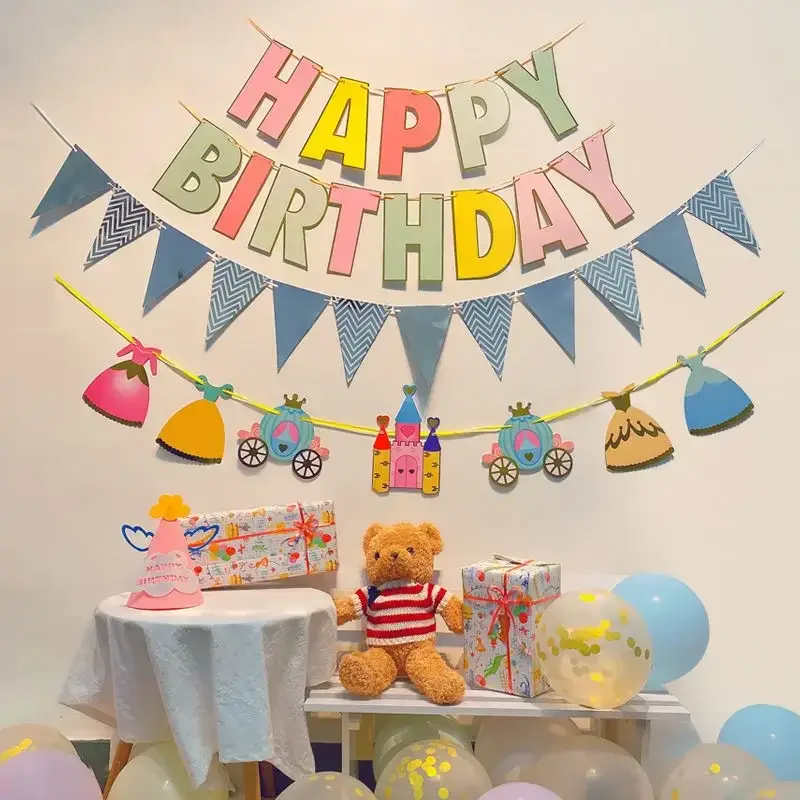 Happy Birthday Banner Set Colorful Paper Hanging F