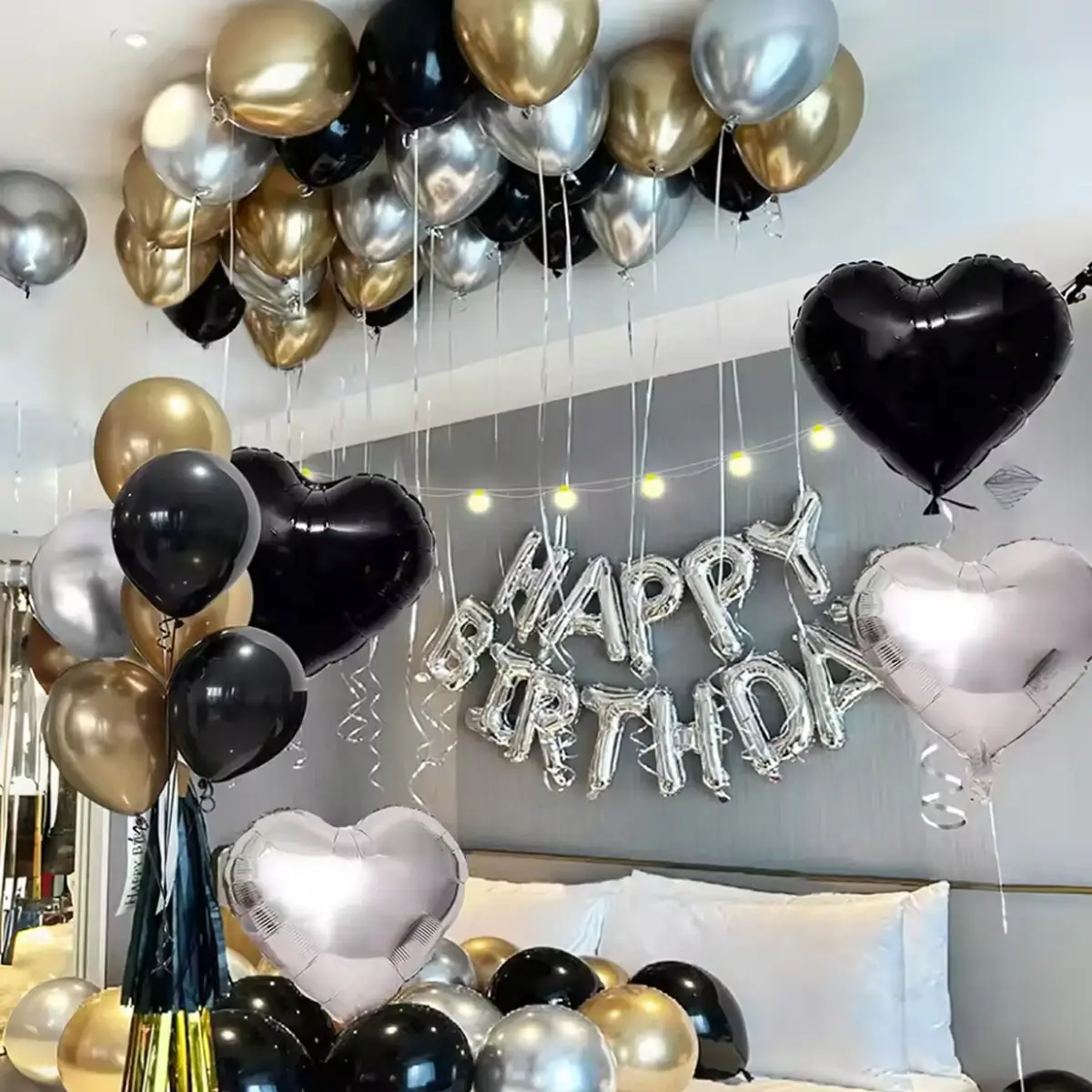 30/54pcs black and white balloons, silver banner b