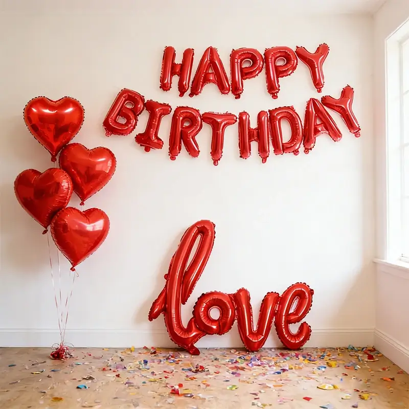 Happy Birthday Balloon Set, Red Heart shaped Ballo