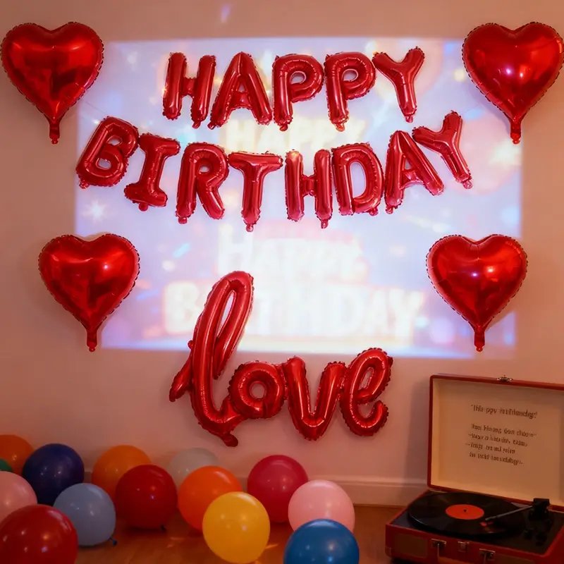 Happy Birthday Balloon Set, Red Heart shaped Ballo