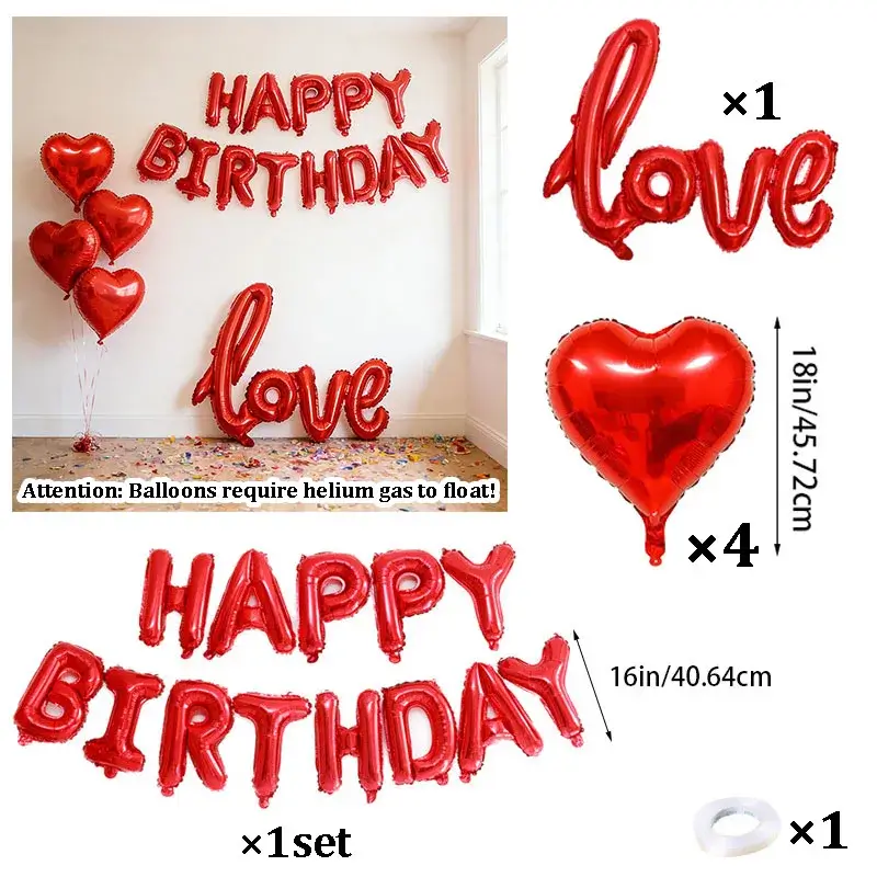 Happy Birthday Balloon Set, Red Heart shaped Ballo
