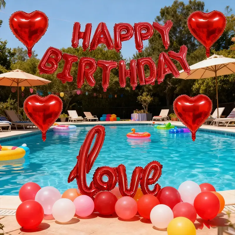 Happy Birthday Balloon Set, Red Heart shaped Ballo