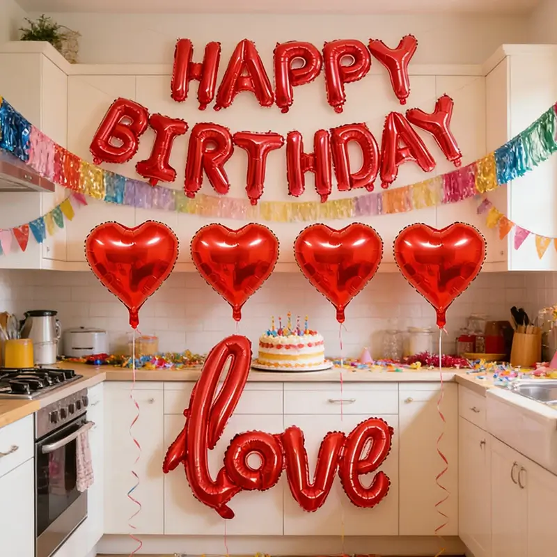 Happy Birthday Balloon Set, Red Heart shaped Ballo