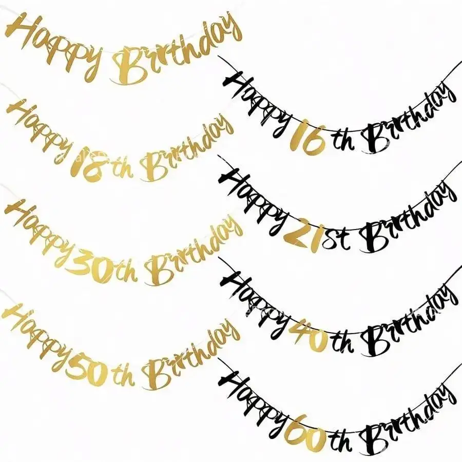Happy Birthday Banner  Black Gold Glitter Number 1