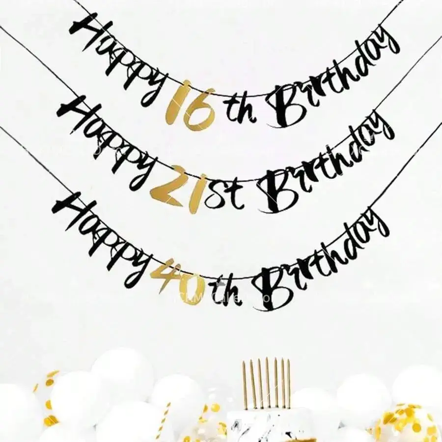 Happy Birthday Banner  Black Gold Glitter Number 1