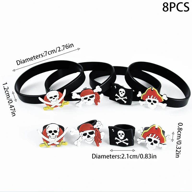 4/8Pcs Pirate Bracelets Rubber Wristband Skull Rin