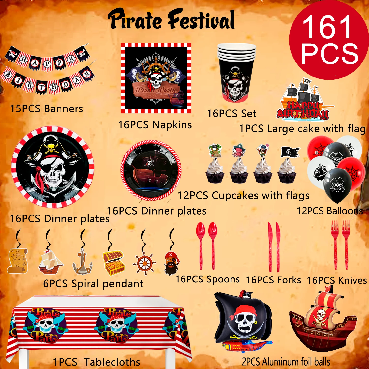 Pirate Birthday Party Supplies,161pcs Party Decora