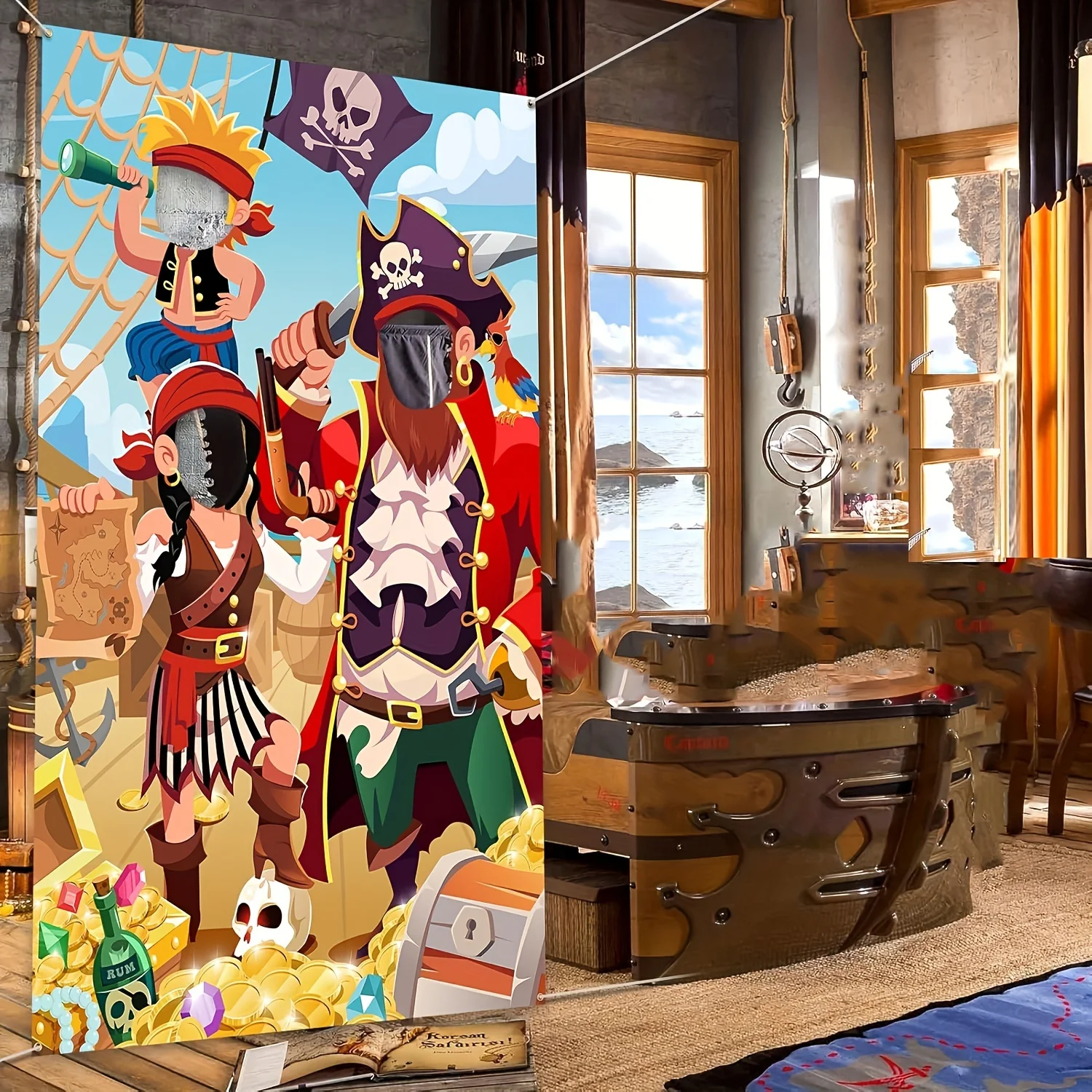Interactive pirate-themed party photo prop backgro