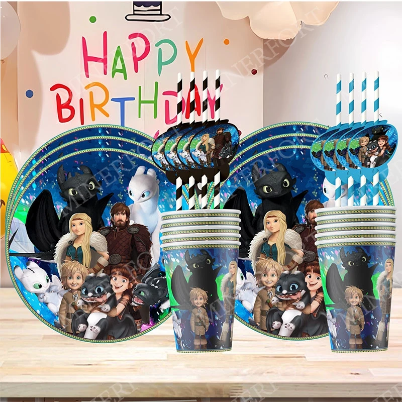 Cartoon Dragon Trainer Themed Paper Cup Plate Stra