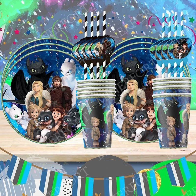 Cartoon Dragon Trainer Themed Paper Cup Plate Stra